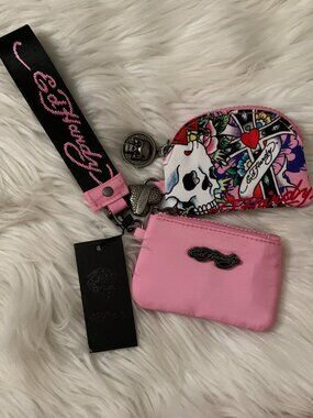 ED HARDY Signature 2-Pieces Pouch Wristlet Set in Pink Multi